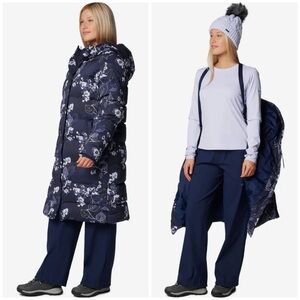Columbia Boundless days printed floral long down puffer coat 1X NEW jacket blue